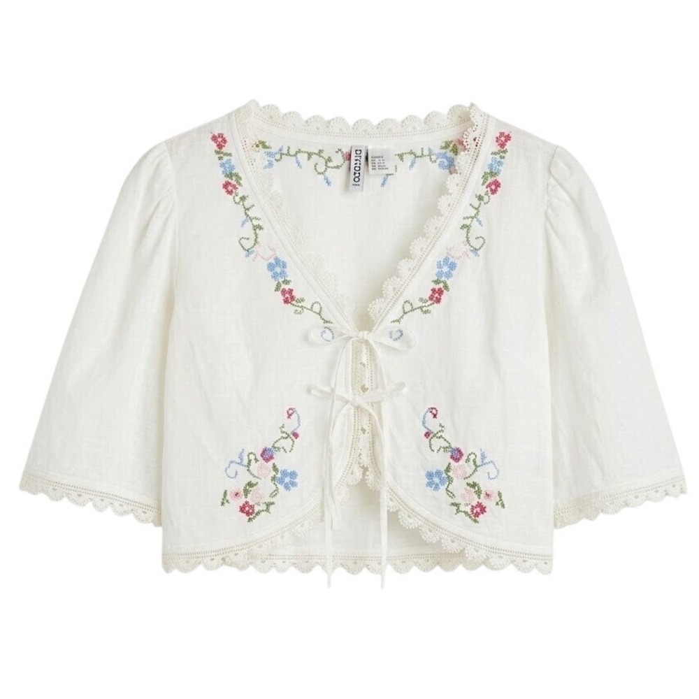 H&M Divided Bolero Top Women XS White Floral Embroidered Lace Tie Front Top